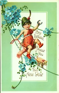 Postal de Año Nuevo Child on Tightrope Pig Foot Me Nots Fortune Favor You - Imagen 1 de 2