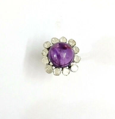 Natural Purple Amethyst & Polki Diamond Ring 925 Sterling Silver Wedding Ring - Image 1 of 4