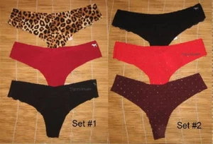3 Victoria's Secret PINK Panties Raw Cut No Show Lace Back Thongs Medium - Picture 1 of 4