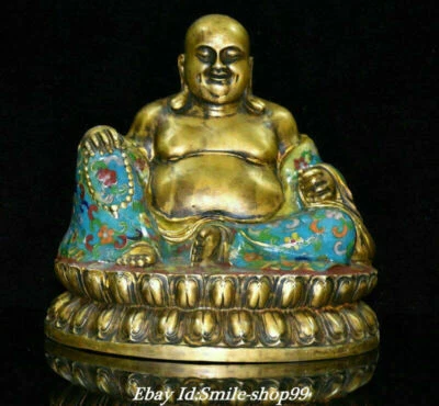 8.8" Antique Tibet Copper Cloisonne Enamel   Happy Laugh Maitreya Buddha Statue - Image 1 of 4