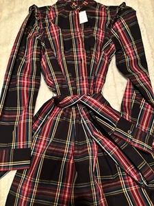 J Crew Blue & White Buffalo Plaid Long Sleeve Belt Tie Button Up Dress size 2P - Picture 1 of 6