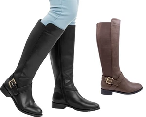 Botas de montar largas de invierno de cuero sintético elástico hasta la rodilla para dama - Imagen 1 de 13