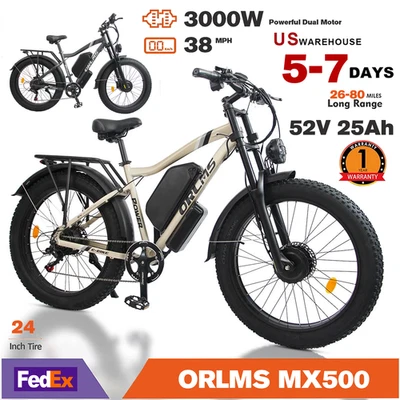 ORLMS MX500 3000W Dual Motor Electric Bicycle 52V 25AH 24" Fat tire E-Bike 38MPH - Image 1 of 4