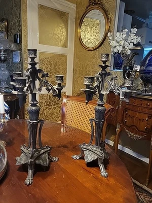 Ancien Chandelier Candélabre Tripode Regule Empire Palmette Retour D Egypte - Photo 1/4