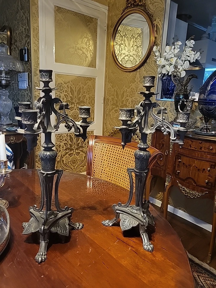 Ancien Chandelier Candélabre Tripode Regule Empire Palmette Retour D Egypte - Photo 1/4