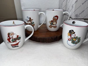 Reutter Porzellan Germany Retro Christmas Mugs Santa Reindeer Snowman Set of 4 - Picture 1 of 3