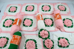 Unfinished Crochet/Knit Afghan Blanket Pieces Pink & White Floral Project - Picture 1 of 14