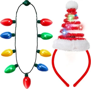 2 Stück Weihnachten beleuchtete Halskette und Nikolausmütze Stirnband, XMAS Zubehör - Bild 1 von 7