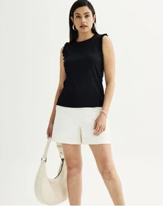 Women's Nine West Ribbed Ruffle Sleeve Tank Top Black Sz S - Picture 1 of 8