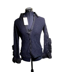 Rayure Blouse Women Medium Black Lace Satin Trim Stretch Paris Button Up Rufflle - Picture 1 of 11