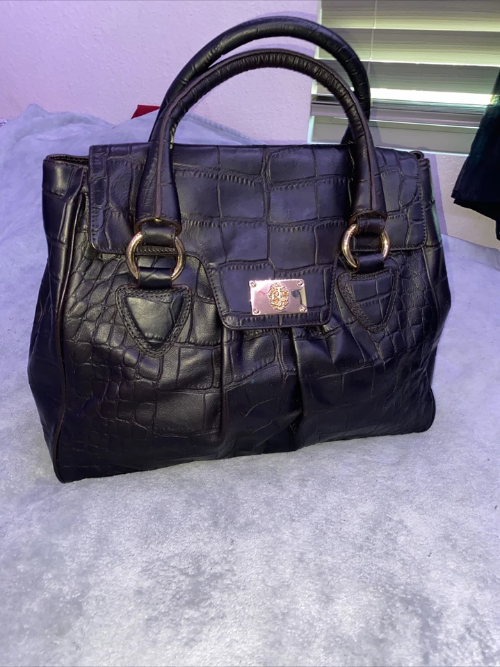 Bolsa Roberto Cavalli marrom escuro couro crocodilo em relevo com ferragens douradas GG - Imagem 1 de 4
