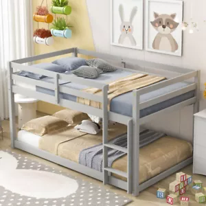 Grey Wood Twin Over Twin Floor Bunk Bed Low Bunk Bed With Ladder for Kids Teen - Picture 1 of 5