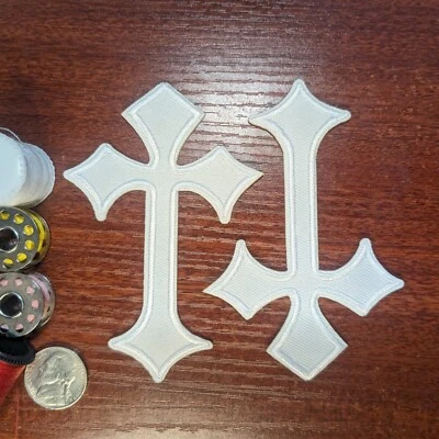 Cross Patch White 2 Pieces Religious Symbols Embroidered Iron On Patch 4x2.5" - Image 1 of 3