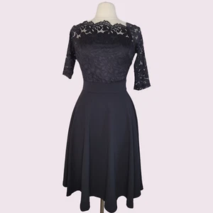 Vintage MISS MAY Black Lace Off Shoulder Dress Size M Midi ¾ Sleeve Fit & Flare - Picture 1 of 13
