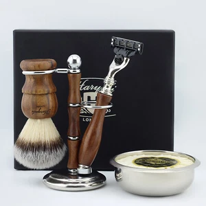 Men Wooden Shaving Kit Synthetic Bristles Brush Safety Razor Soap Bowl Stand Set - Picture 1 of 7