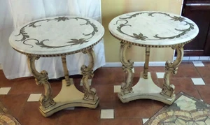 2 VTG Italian Renaissance Revival Side Tables Flowers Scrolls Carved Marble Top  - Picture 1 of 12