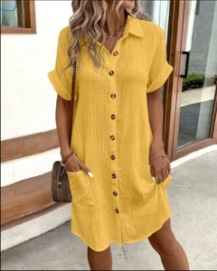 Solid Color Shirt Dress – Summer Short Sleeve, Mid-Length Small Color Yellow - Picture 1 of 12