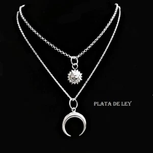 2 Hanging Moon And Sun Necklaces. Sterling Silver Double Necklace 40 And 45 Cm - Picture 1 of 3