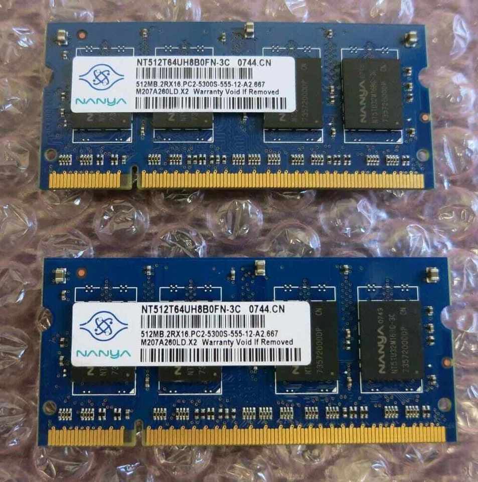 1GB Memory RAM Laptop 512MB Nanya 2Rx16 PC2-5300S-555-12-A2 NT512T64UH8B0FN-3C - Image 1 of 1