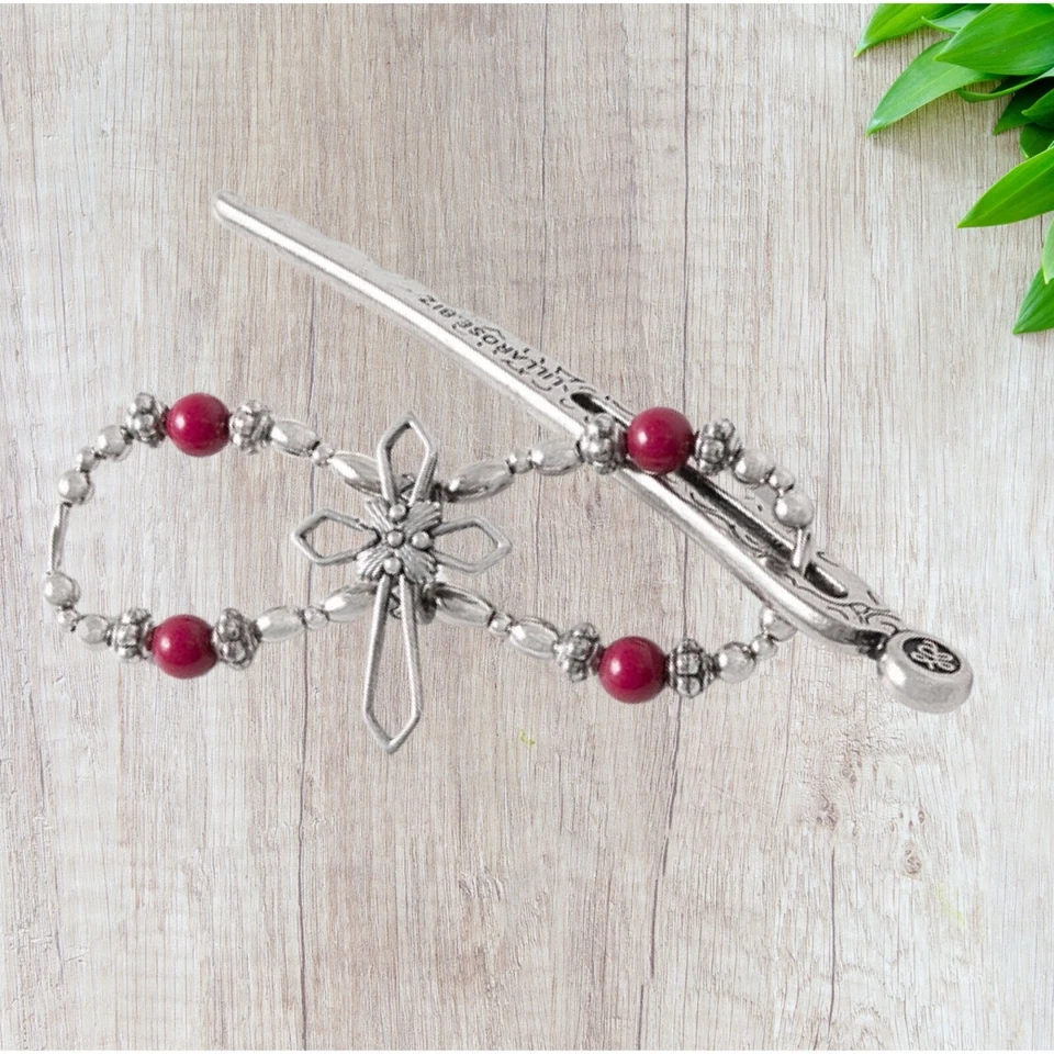Lilla Rose Flexi - Clip 4551 Cross with Red Beads Barrette Nickel Plated - Image 1 of 1