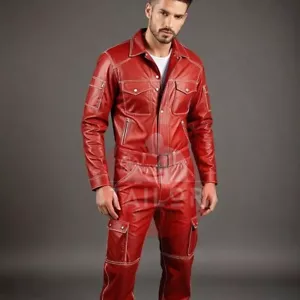 Men's Genuine Leather Red Catsuit Front Zipper Overall Dungaree Jumpsuit - Picture 1 of 3