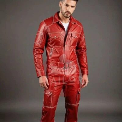 Men's Genuine Leather Red Catsuit Front Zipper Overall Dungaree Jumpsuit - Image 1 of 3