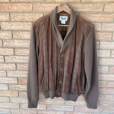 Cárdigan Suéter Años 70 80 Repage Talla Grande Marrón Gamuza Cable Tejido Chaqueta Mixta Foto 1 de 4