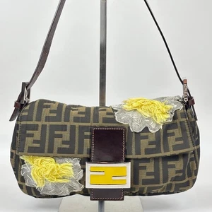Auth FENDI Mamma Baguette Bag Zucca FF Logo Handbag Leather Floral Detail t32 - Picture 1 of 24