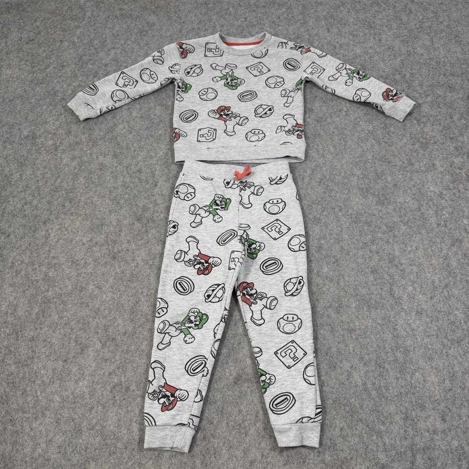 Super Mario Bros Cozy Sleepwear 2-Piece Pajamas Set Fits Youth/Boy's Size 5 Grey - Image 1 of 4