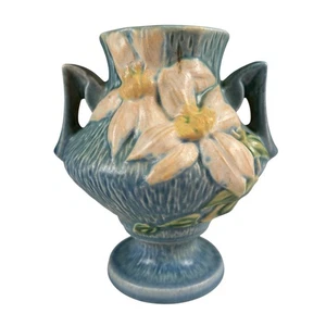 VTG 40s Roseville Clematis Double Handled Vase #188-6 Blue & White Flowers 6” - Picture 1 of 15