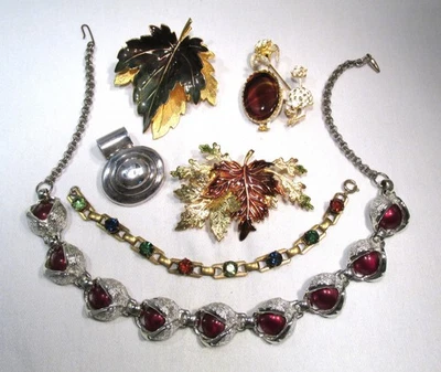 Vintage Costume Jewelry Lot Leaf Brooches Lucite Sterling Silver ETC10766 - Image 1 of 4