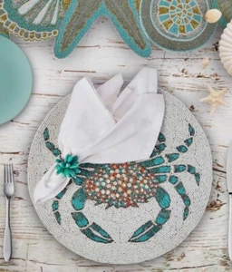 Beaded Tropical Shells 36” Runner 4 CRAB Placemats & 4 Napkin Rings NEW - Picture 1 of 9