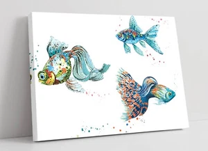 THREE WATERCOLOUR FISH ILLUSTRATION HOME DECOR CANVAS WALL ARTWORK PICTURE PRINT - Picture 1 of 2
