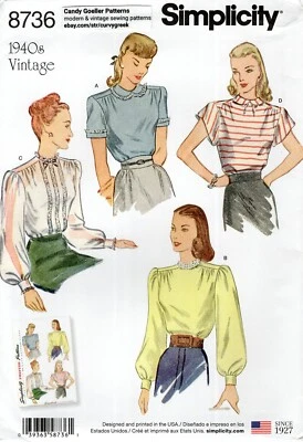 Simplicity 8736 1940s Set of Blouses w Peter Pan Collar, Bishop Sleeves Sz 16-24 - Image 1 of 4