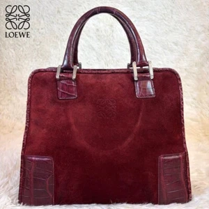 LOEWE Amazona Handbag Tote Bag Croco Anagram Suede Leather Bordeaux Authentic JP - Picture 1 of 15