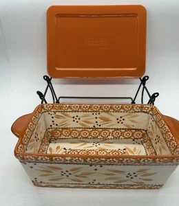 Temptations Ovenware Small Baking Loaf Pan with Lid & Wire Holder Orange 1.5 Qt  - Picture 1 of 10