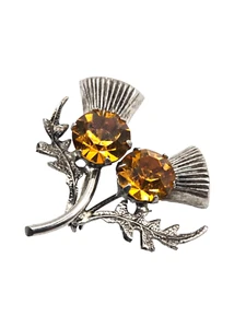 Vintage Ward Bros. Scottish Thistle Sterling Brooch with Amber Crystals 1.5" - Picture 1 of 4