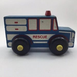 Wooden Toy Truck Rescue Ambulance Blue Red Wood - Picture 1 of 8