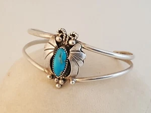 Brazalete vintage navajo turquesa plata esterlina mariposa firmado MT - Imagen 1 de 10