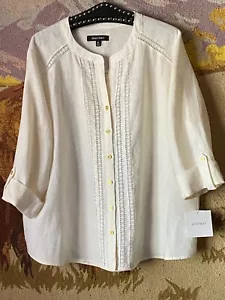 NWT Ellen Tracy Sz XL Linen Blouse Shirt Ivory Lace Decorated Roll Up 3/4 Sleeve - Picture 1 of 11