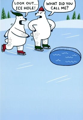 Funny HAPPY HOLIDAYS Card, Skating Polar Bears Ice Hole by Hallmark Shoebox +✉ - Image 1 of 4