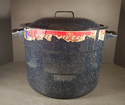 Graniteware 21 Qt Blue Speckled Enameled Stock Pot w/ Canning Rack XL Vintage - Image 1 of 4