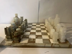 Large Handmade Marble Aztec Coral Green White Onyx Chess Set 17x17 - Picture 1 of 18