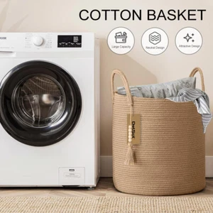 Large Woven Basket Blanket Storage Laundry Hamper Clothes Organizer Cotton Rope - Picture 1 of 6