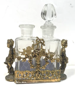 Vintage Gold Ormulu Cherub Double Perfume Bottle Set in Stand - Picture 1 of 8