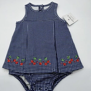 Carters Girls Navy Checked Cherries 1 Piece Knit Outfit Sz 6 Months New With Tag - Picture 1 of 14