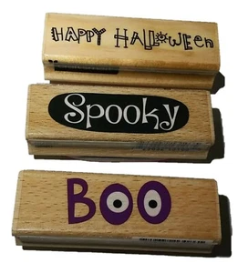 Set of Three Halloween Themed Stamps Words Spooky Boo & Happy Halloween - Imagen 1 de 10