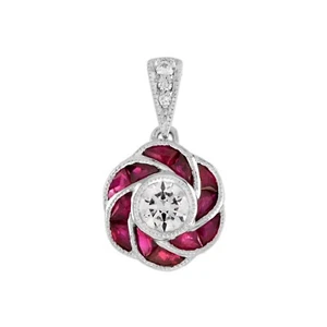 18K White Gold Natural Diamond and Ruby Art Deco Style Red Rose Pendant - Picture 1 of 12