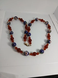 Chinese Export Blue Pink Cloisonne Enamel Flower Carnelian Necklace Gold Filled - Picture 1 of 10