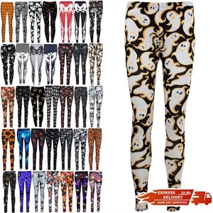 Ladies Womens Full Ankle Length Halloween Pumpkin Skull Ladies Spooky Leggings - Picture 1 of 39